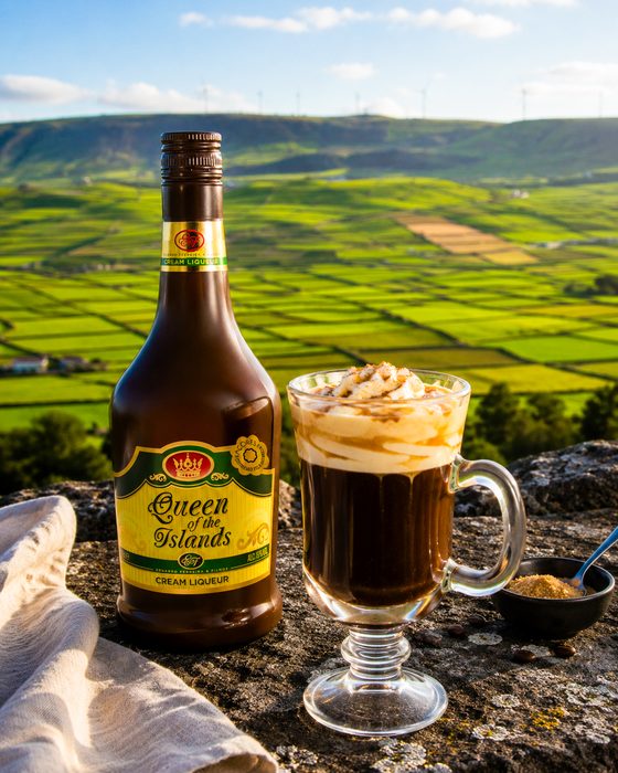 Caramel Irish Coffee served in a glass mug, at Serra de Santa Bárbara, Ilha Terceira